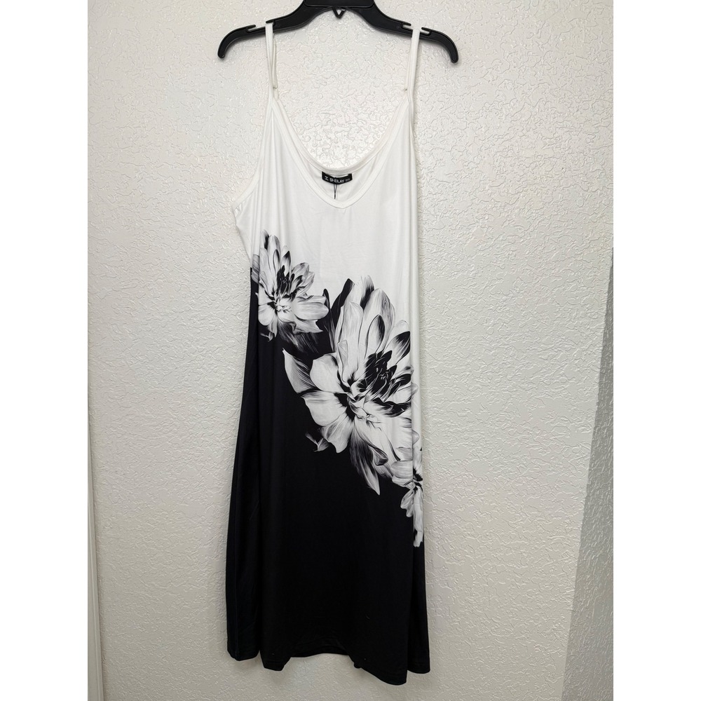 Sheilay Womens XXL Black White Floral V-Neck Spaghetti Strap Midi Slip Dress NWT